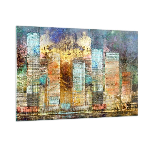 Cuadro sobre vidrio - Impresiones sobre Vidrio - Panorama abstracto colorido de los rascacielos de la ciudad en un estilo artístico - 120x80cm - Metrópolis soleada - Decoración de pared moderna para salón y dormitorio ARTTOR