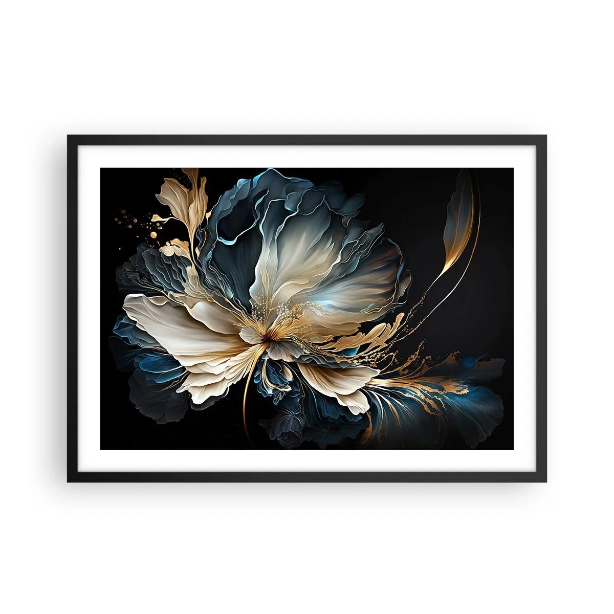 Póster en marco negro - Una flor en tonos dorados y azul marino sobre un fondo negro. - 70x50cm - Flor de helecho de cuento - Decoración de pared moderna para salón y dormitorio ARTTOR