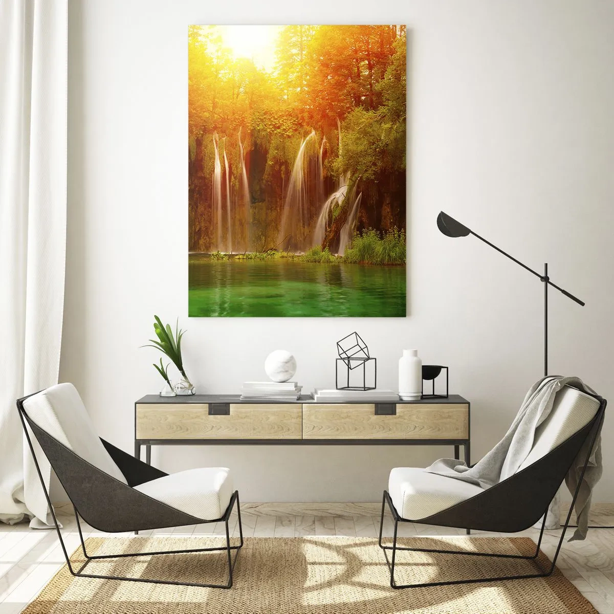 Cuadro sobre vidrio - Impresiones sobre Vidrio - Cascadas en un bosque soleado con agua turquesa. - 50x70cm - Sol y sombra - Decoración de pared moderna para salón y dormitorio ARTTOR