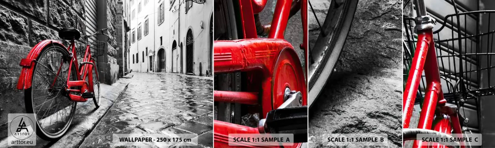 Muestra de fotomural autoadhesivo Deluxe Sticker - La verdadera belleza no envejece - Ciudad, Arquitectura, Bicicleta - 100x30 cm