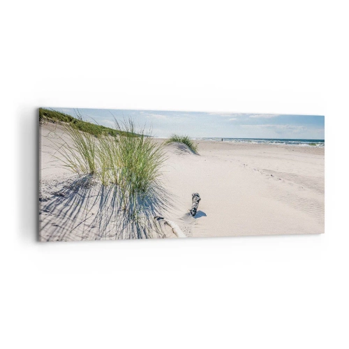 Cuadro sobre lienzo - Impresión de Imagen - Una playa báltica con arena, césped y un cielo azul tranquilo. - 120x50cm - ¿La más bella? Báltico - Decoración de pared moderna para salón y dormitorio ARTTOR
