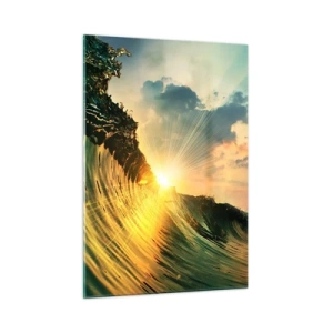 Cuadro sobre vidrio - Impresiones sobre Vidrio - El sol poniente iluminando las olas del océano. - 50x70cm - Surfer, ¿dónde estás? - Decoración de pared moderna para salón y dormitorio ARTTOR