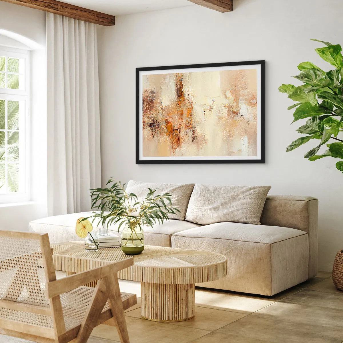 Póster en marco negro - Una composición abstracta en tonos cálidos de amarillo y marrón. - 100x70cm - El alma del ámbar - Decoración de pared moderna para salón y dormitorio ARTTOR