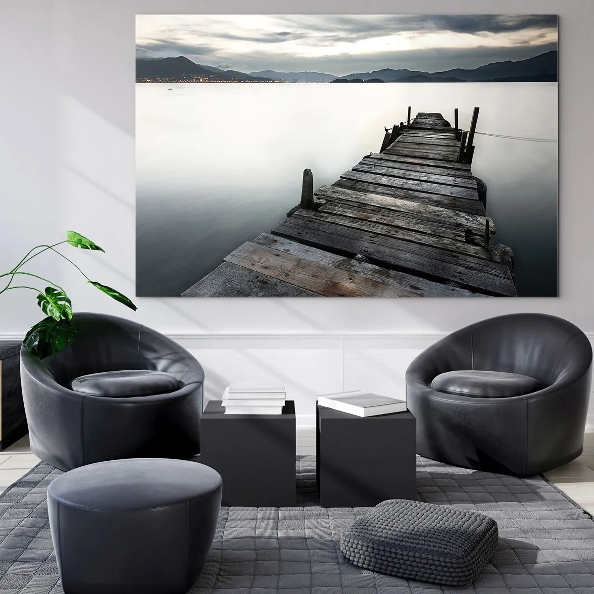 Cuadro sobre vidrio - Impresiones sobre Vidrio - Un embarcadero de madera con el telón de fondo de un lago tranquilo al atardecer. - 100x70cm - Sumérjase en la paz - Decoración de pared moderna para salón y dormitorio ARTTOR