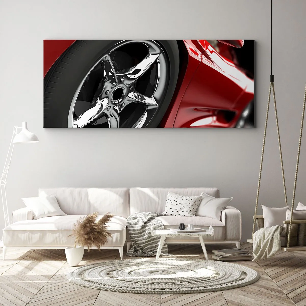 Cuadro sobre lienzo - Impresión de Imagen - Coche deportivo rojo con ruedas cromadas - 140x50cm - Creado para la velocidad - Decoración de pared moderna para salón y dormitorio ARTTOR