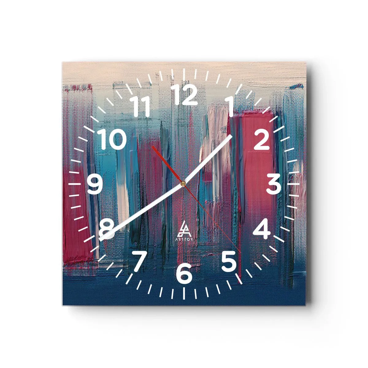 Reloj de pared - Reloj de vidrio - Composición vertical en azul y rojo - 30x30 cm