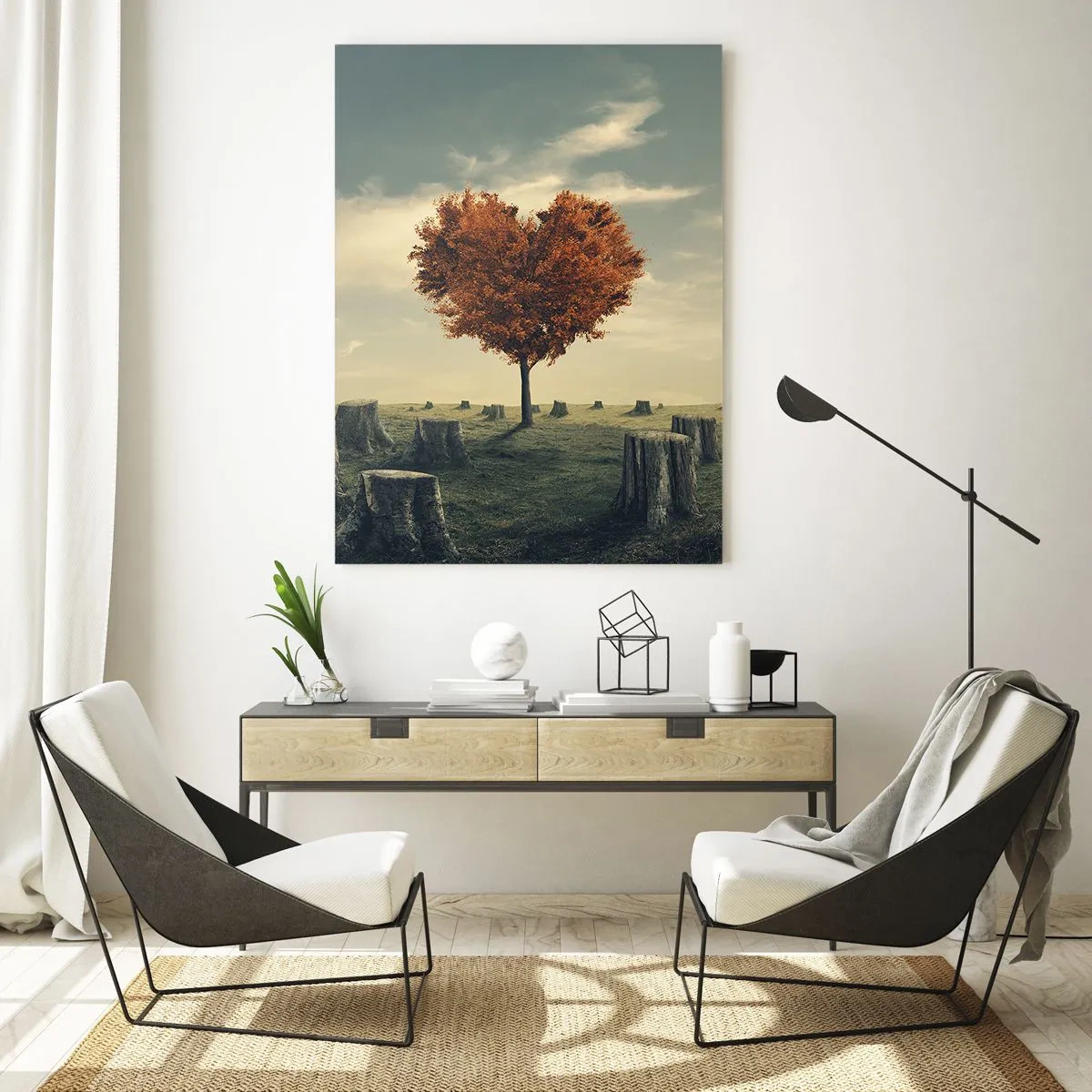 Cuadro sobre vidrio - Impresiones sobre Vidrio - Un árbol en forma de corazón rodeado de troncos talados en un claro. - 50x70cm - Todavía hay esperanza - Decoración de pared moderna para salón y dormitorio ARTTOR