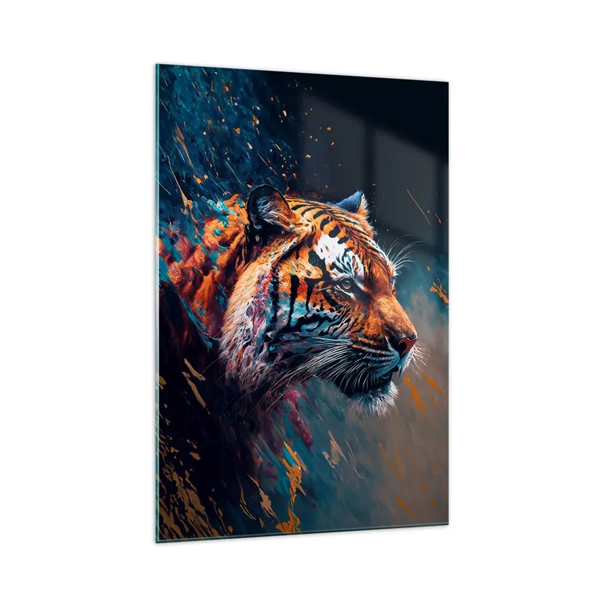 Cuadro sobre vidrio - Impresiones sobre Vidrio - Retrato de un tigre en colores dinámicos y abstractos. - 70x100cm - Belleza salvaje - Decoración de pared moderna para salón y dormitorio ARTTOR