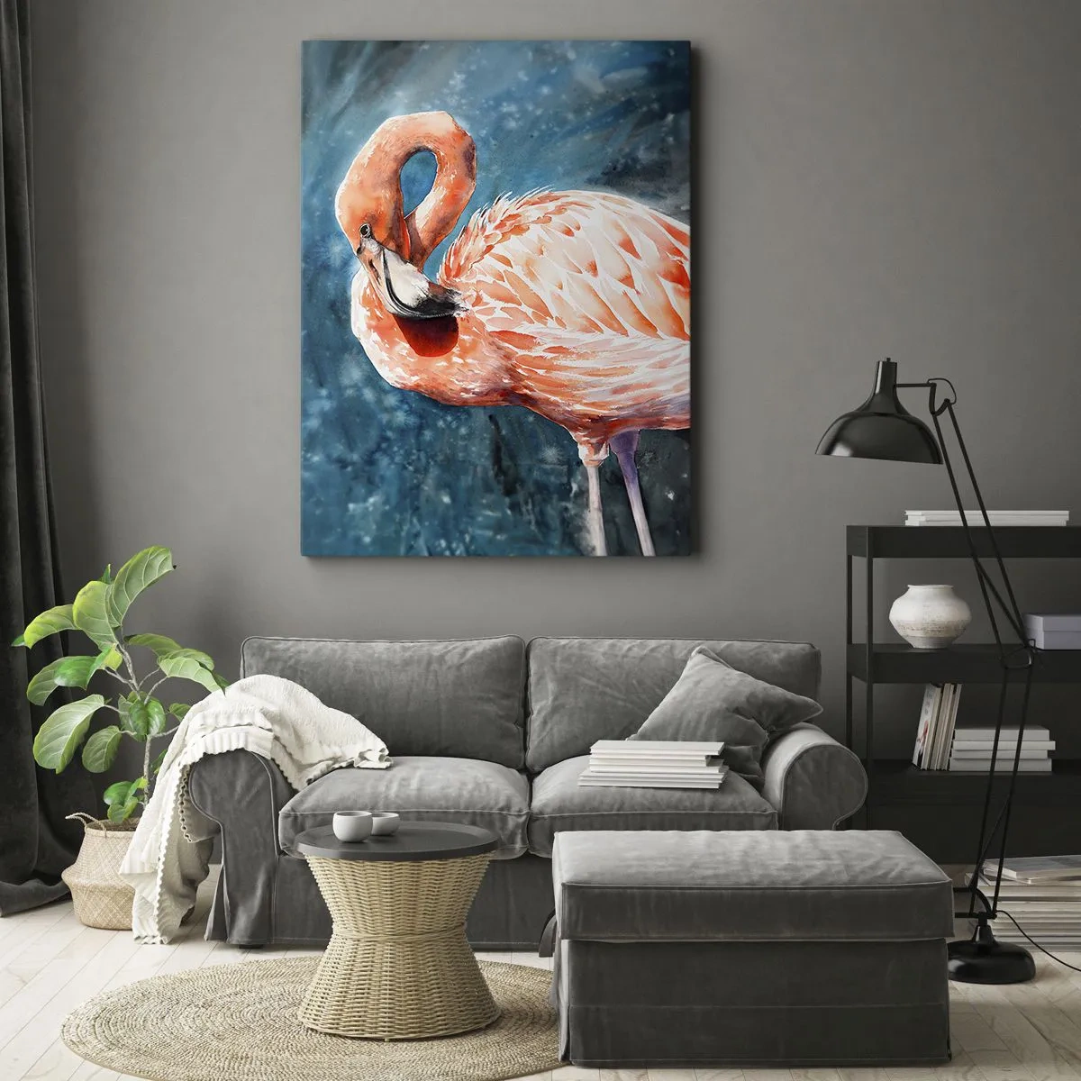 Cuadro sobre lienzo - Impresión de Imagen - Un flamenco rosa sobre un fondo azul de acuarela. - 80x120cm - Decorativo por naturaleza - Decoración de pared moderna para salón y dormitorio ARTTOR