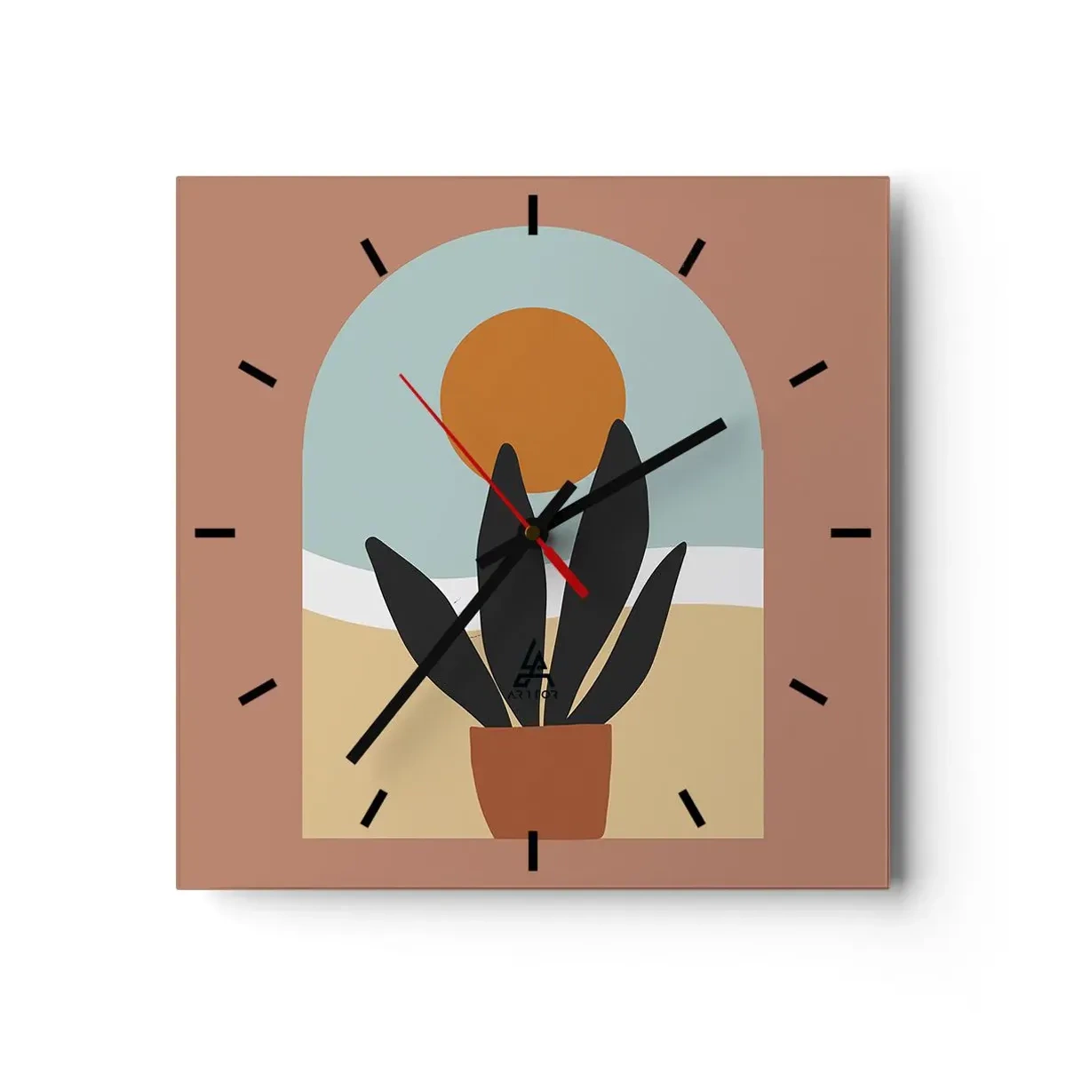 Reloj de pared - Reloj de vidrio - Una planta negra en una maceta contra el sol. - 30x30cm - Pequeñas alegrías - Decoración de pared moderna para salón y dormitorio ARTTOR