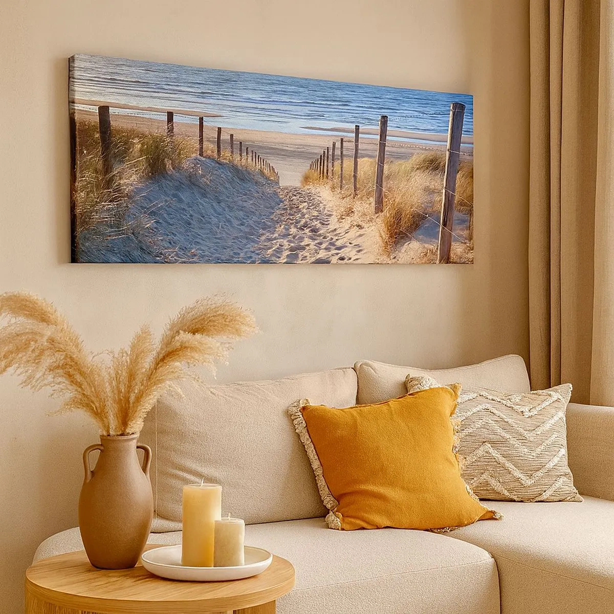 Cuadro sobre lienzo - Impresión de Imagen - El sonido del mar, el canto de los pájaros, una playa virgen entre las dunas... - 100x40 cm