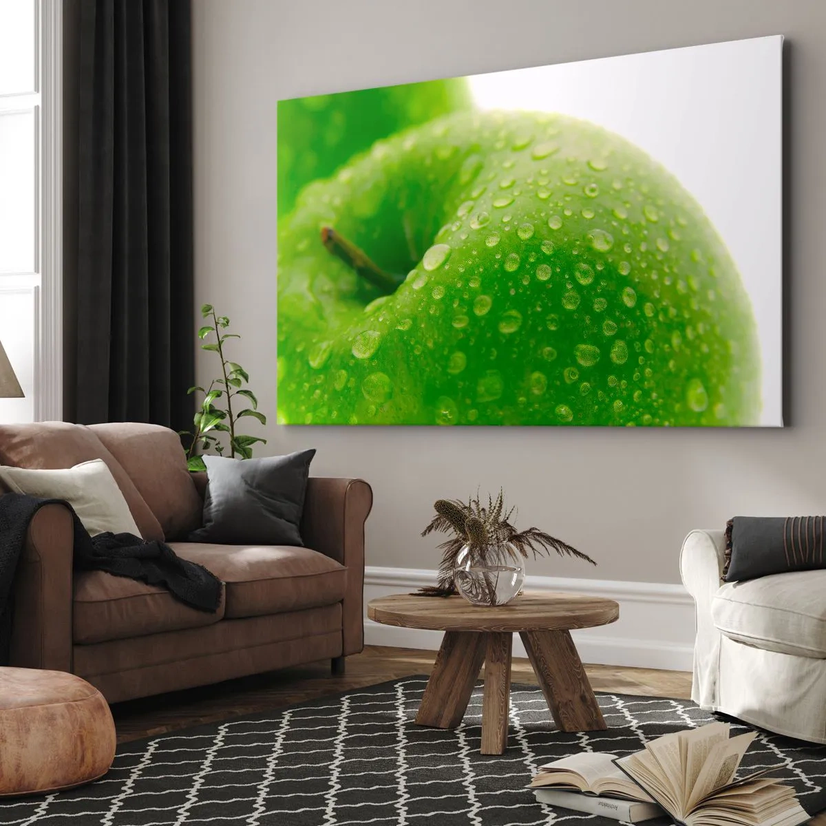 Cuadro sobre lienzo - Impresión de Imagen - Primer plano de una manzana verde con gotas de agua. - 100x70cm - Frescor verde - Decoración de pared moderna para salón y dormitorio ARTTOR