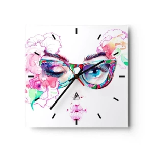 Reloj de pared - Reloj de vidrio - Cara de acuarela con gafas de colores y flores. - 30x30cm - Una promesa tentadora - Decoración de pared moderna para salón y dormitorio ARTTOR