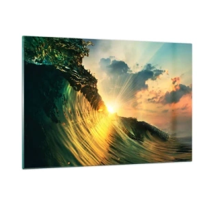 Cuadro sobre vidrio - Impresiones sobre Vidrio - El sol poniente iluminando las olas del océano. - 120x80cm - Surfer, ¿dónde estás? - Decoración de pared moderna para salón y dormitorio ARTTOR