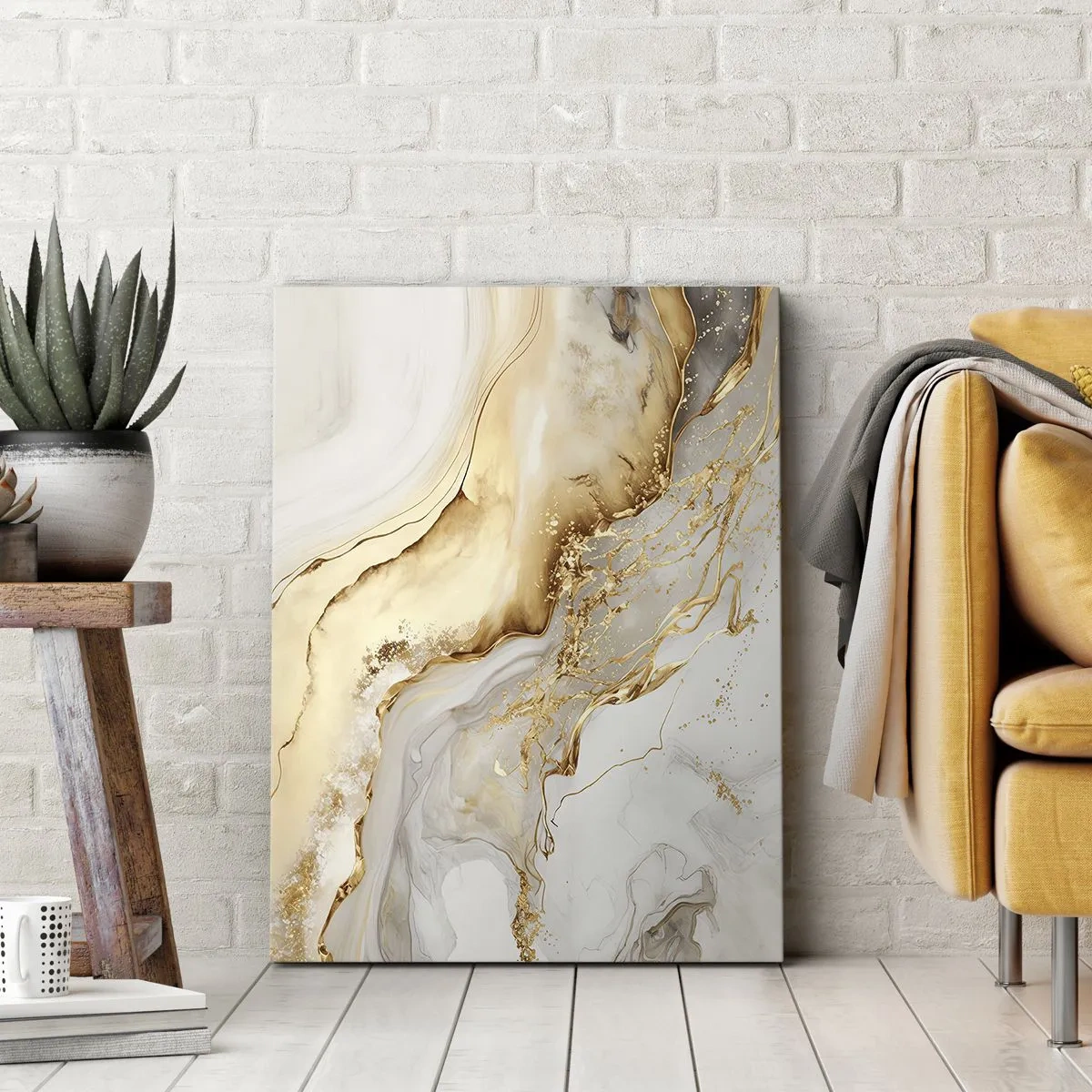 Cuadro sobre lienzo - Impresión de Imagen - Patrones abstractos de oro y mármol sobre un fondo claro. - 50x70cm - Abstracción: belleza y bondad - Decoración de pared moderna para salón y dormitorio ARTTOR