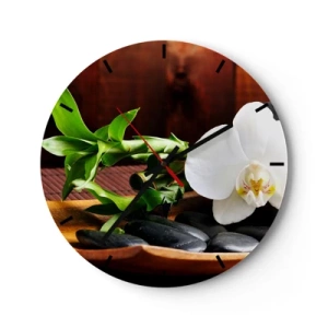 Reloj de pared - Reloj de vidrio - Orquídea blanca con bambú y piedras. - 30x30cm - Ríndete al tacto de la naturaleza - Decoración de pared moderna para salón, cocina y dormitorio ARTTOR