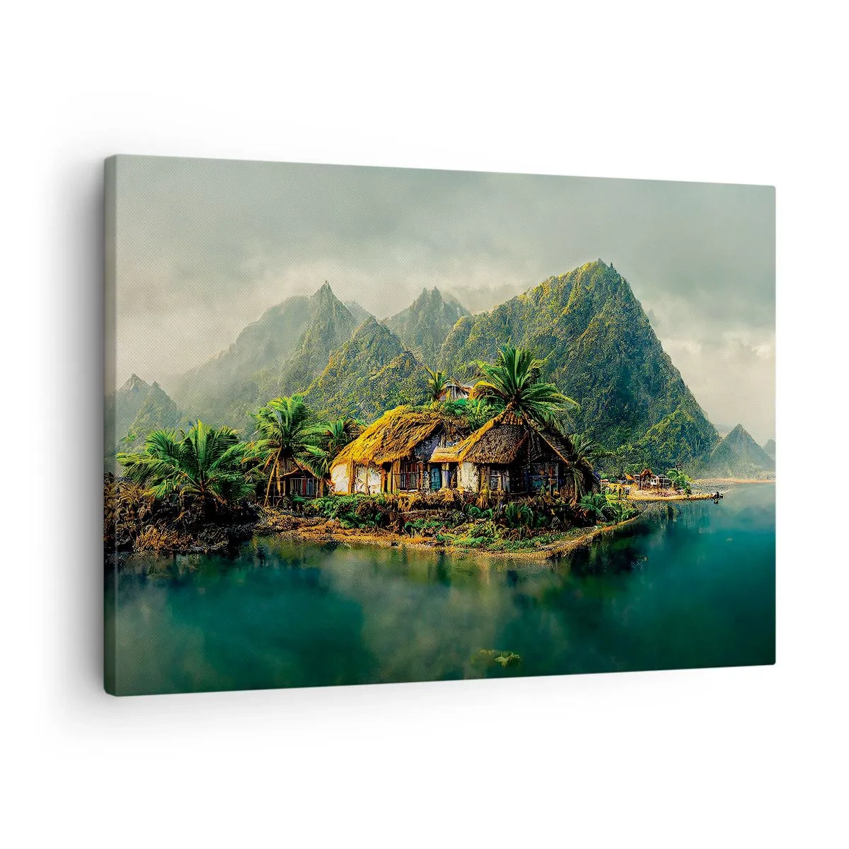 Cuadro sobre lienzo - Impresión de Imagen - Una isla tropical con palmeras y montañas al fondo. - 70x50cm - Paraíso tropical - Decoración de pared moderna para salón y dormitorio ARTTOR