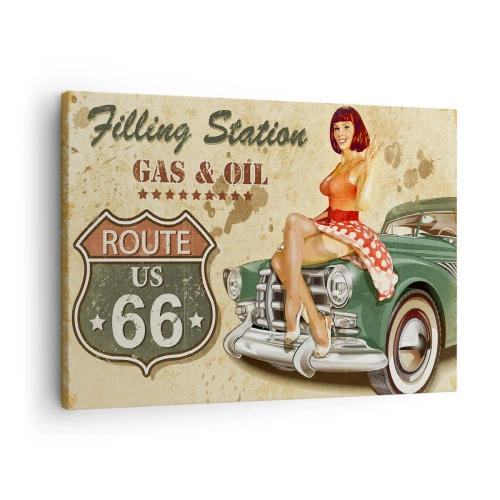 Cuadro sobre lienzo - Impresión de Imagen - Póster retro de la Ruta 66 con chica pin-up y coche. - 70x50cm - Los gloriosos años 40 - Decoración de pared moderna para salón y dormitorio ARTTOR