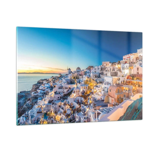 Cuadro sobre vidrio - Impresiones sobre Vidrio - Panorama de Santorini al atardecer - 120x80cm - La esencia de lo griego - Decoración de pared moderna para salón y dormitorio ARTTOR