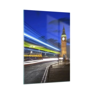 Cuadro sobre vidrio - Impresiones sobre Vidrio - El Big Ben de noche con luces de coche borrosas - 50x70cm - Bajo la mirada del Big Ben - Decoración de pared moderna para salón y dormitorio ARTTOR