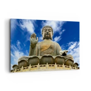 Cuadro sobre lienzo - Impresión de Imagen - Una estatua monumental de Buda contra un cielo azul con nubes. - 120x80cm - Vivir sin miedo - Decoración de pared moderna para salón y dormitorio ARTTOR
