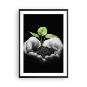 Póster en marco negro - Una planta en las manos simbolizando la vida y la naturaleza. - 50x70cm - Amo la naturaleza, la protejo - Decoración de pared moderna para salón y dormitorio ARTTOR