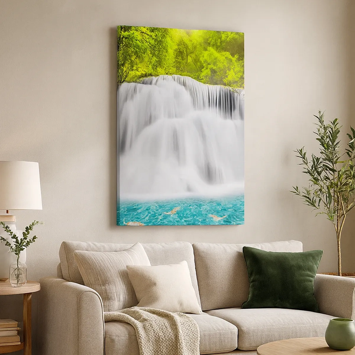Cuadro sobre lienzo - Impresión de Imagen - Una cascada en un bosque tropical con agua turquesa. - 50x70cm - Cascada espumosa, de verde a azul - Decoración de pared moderna para salón y dormitorio ARTTOR