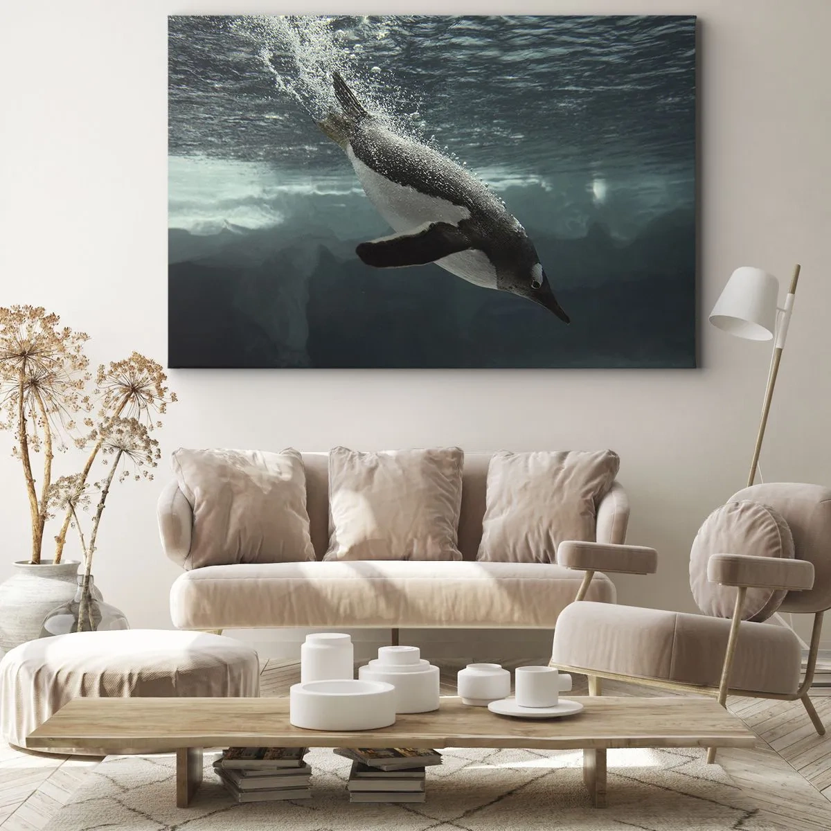 Cuadro sobre lienzo - Impresión de Imagen - Un pingüino sumergiéndose en las profundidades del agua helada. - 100x70cm - Bienvenido a mi mundo - Decoración de pared moderna para salón y dormitorio ARTTOR