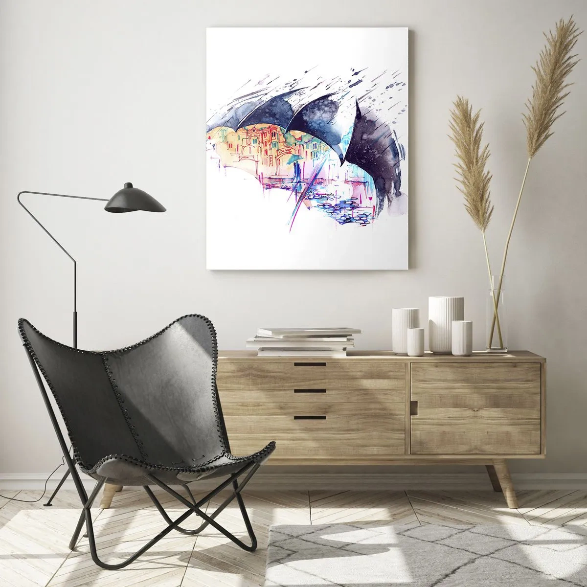 Cuadro sobre vidrio - Impresiones sobre Vidrio - Una ciudad colorida al fondo bajo un paraguas negro. - 50x70cm - Caminando bajo la lluvia - Decoración de pared moderna para salón y dormitorio ARTTOR