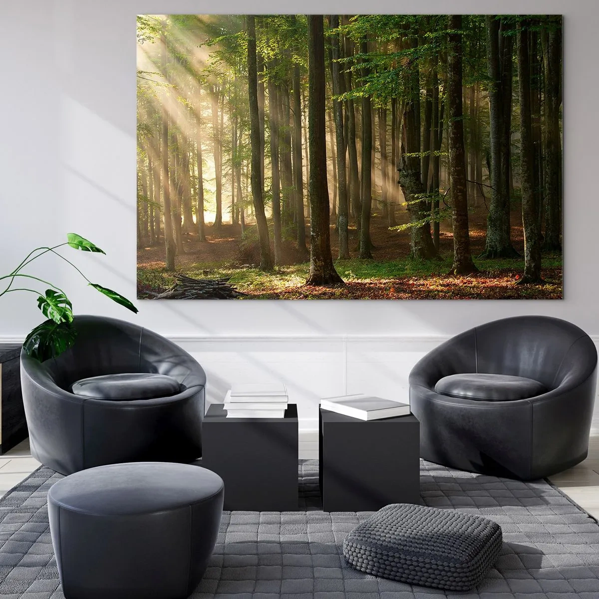 Cuadro sobre vidrio - Impresiones sobre Vidrio - Los rayos del sol brillan a través de los árboles del bosque. - 120x80cm - Radiante en una mañana de primavera - Decoración de pared moderna para salón y dormitorio ARTTOR