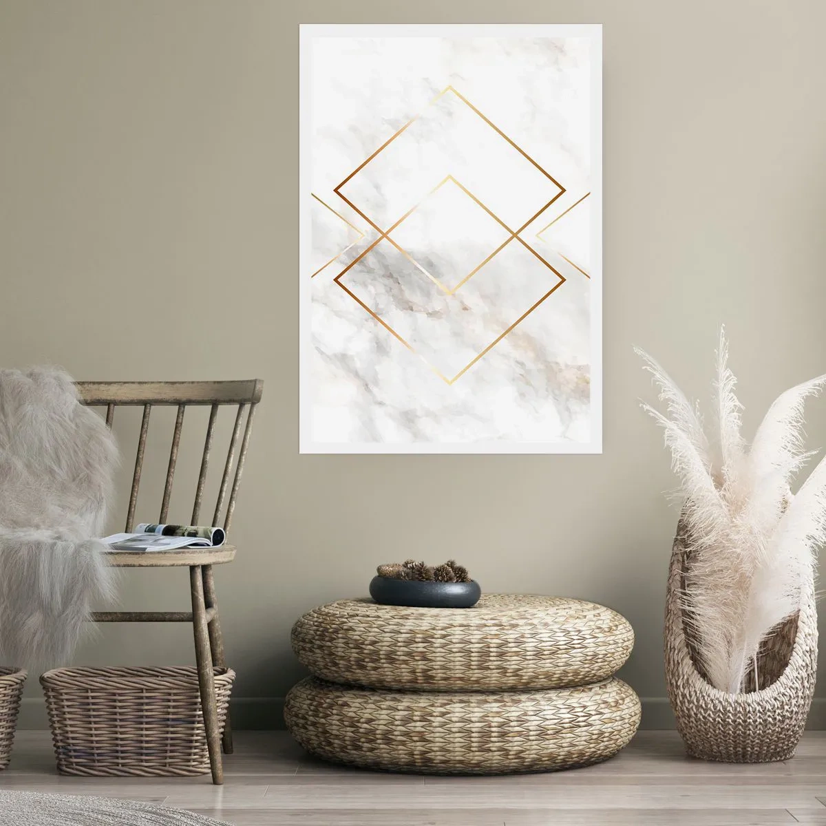 Póster - Geometría en líneas doradas sobre un fondo de mármol. - 50x70cm - Una vista al infinito - Decoración de pared moderna para salón y dormitorio ARTTOR