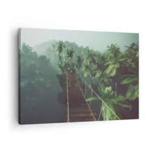 Cuadro sobre lienzo - Impresión de Imagen - Un puente colgante en un bosque tropical rodeado de niebla. - 70x50cm - Sobre un mar de verde - Decoración de pared moderna para salón y dormitorio ARTTOR