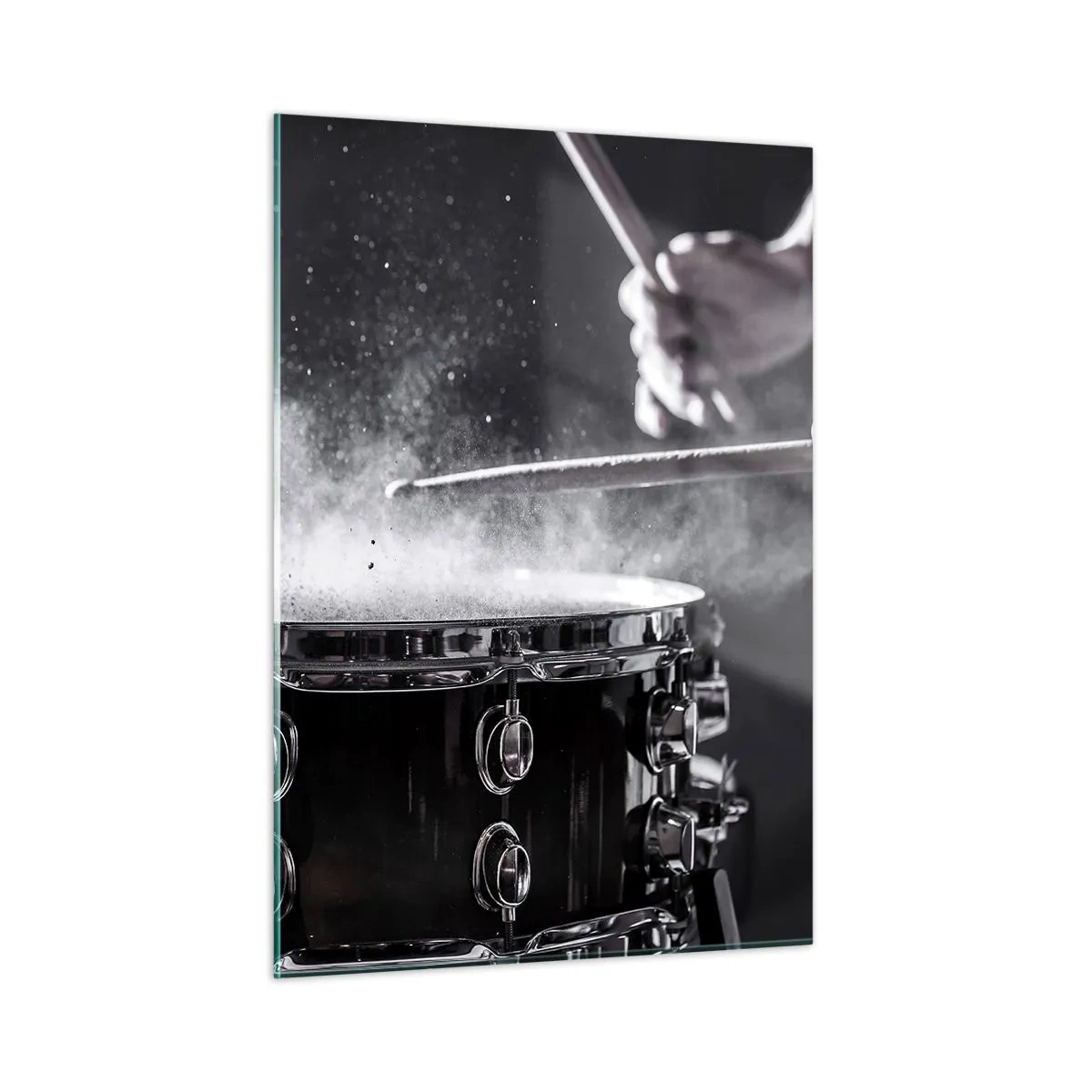 Cuadro sobre vidrio - Impresiones sobre Vidrio - Tambores en movimiento con pólvora flotando - 50x70cm - El pulso de la música - Decoración de pared moderna para salón y dormitorio ARTTOR