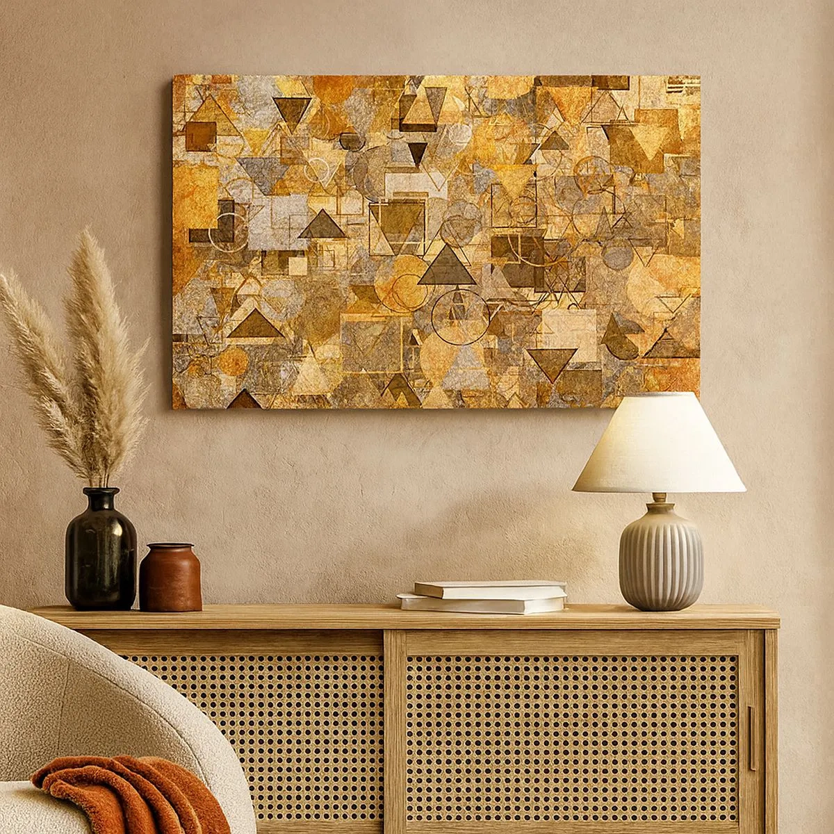 Cuadro sobre lienzo - Impresión de Imagen - Patrones geométricos abstractos en tonos dorados - 70x50cm - El mundo en formas - Decoración de pared moderna para salón y dormitorio ARTTOR