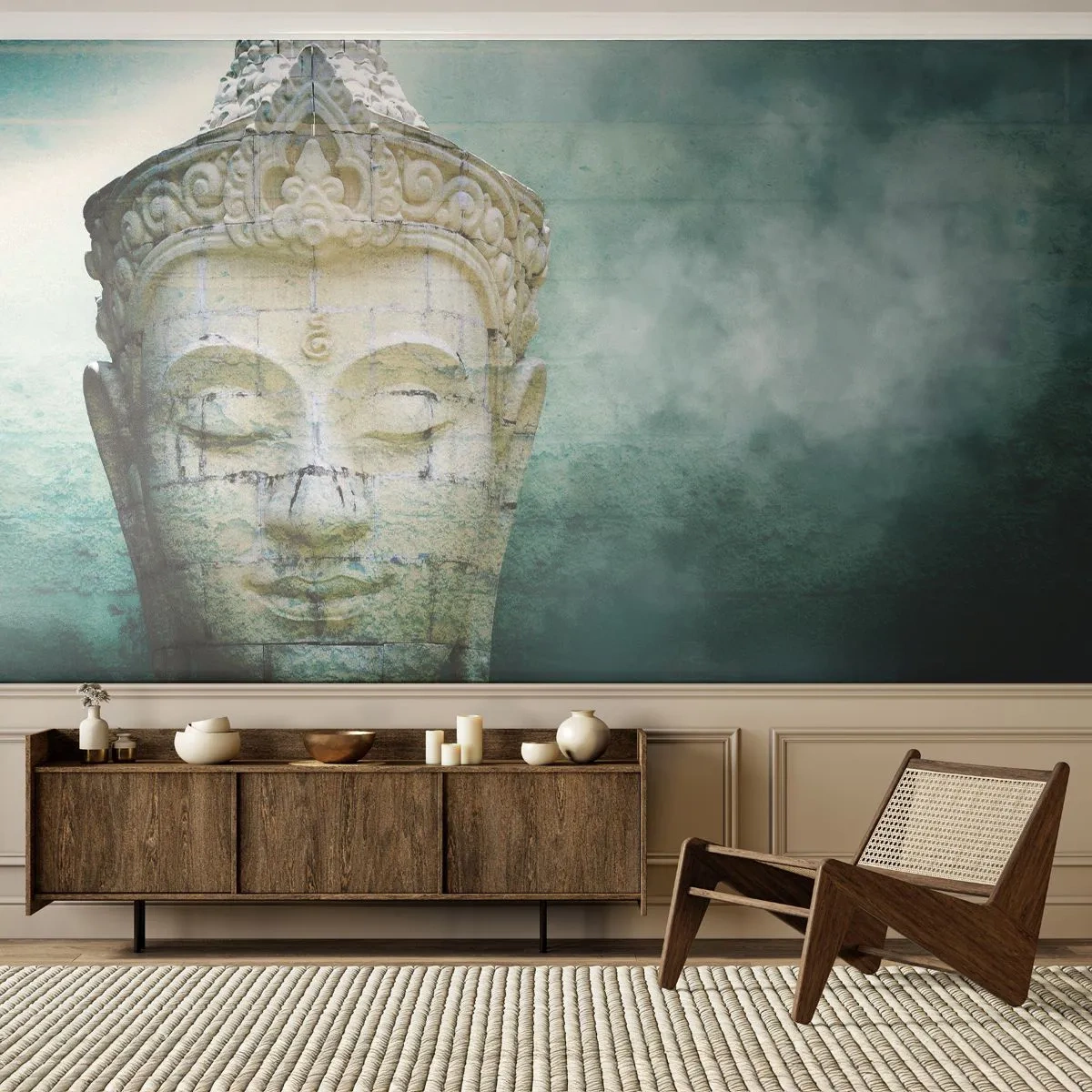 Fotomural Premium Sand - Escultura de piedra de un Buda meditando - 100x70cm - Buscando la luz - Decoración de pared moderna para salón y dormitorio ARTTOR
