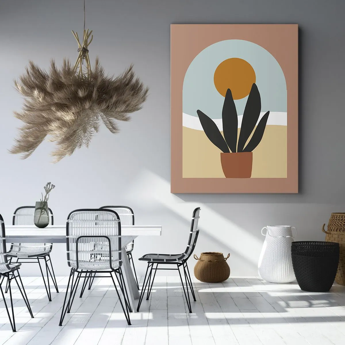 Cuadro sobre lienzo - Impresión de Imagen - Una planta negra en una maceta contra el sol. - 50x70cm - Pequeñas alegrías - Decoración de pared moderna para salón y dormitorio ARTTOR