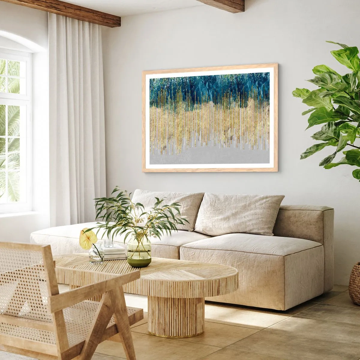 Póster en marco roble claro - Frontera de líneas doradas - 100x70 cm