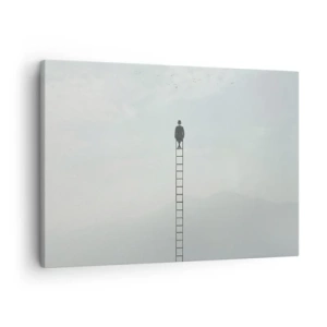 Cuadro sobre lienzo - Impresión de Imagen - Un hombre en una escalera que sube hacia el cielo. - 70x50cm - Hacia lo más alto - Decoración de pared moderna para salón y dormitorio ARTTOR