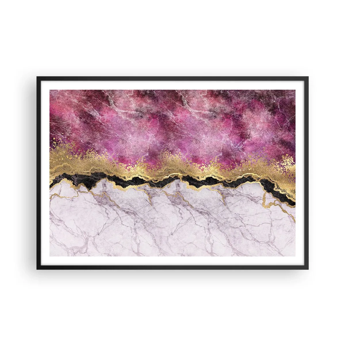 Póster en marco negro - Mármol abstracto en tonos rosa con acentos dorados. - 100x70cm - En la frontera - Decoración de pared moderna para salón y dormitorio ARTTOR