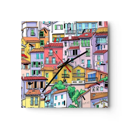 Reloj de pared - Reloj de vidrio - Casas de vecindad coloridas en un estilo animado y alegre - 30x30cm - Ciudad alegre - Decoración de pared moderna para salón y dormitorio ARTTOR