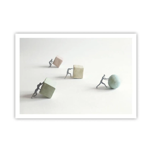 Póster - Figuras en miniatura que empujan formas contra un fondo claro. - 100x70cm - El avance de la geometría - Decoración de pared moderna para salón y dormitorio ARTTOR