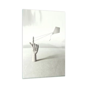 Cuadro sobre vidrio - Impresiones sobre Vidrio - Una mano de madera minimalista con una cometa sobre un fondo de paisaje. - 80x120cm - Una prueba de fuerza - Decoración de pared moderna para salón y dormitorio ARTTOR