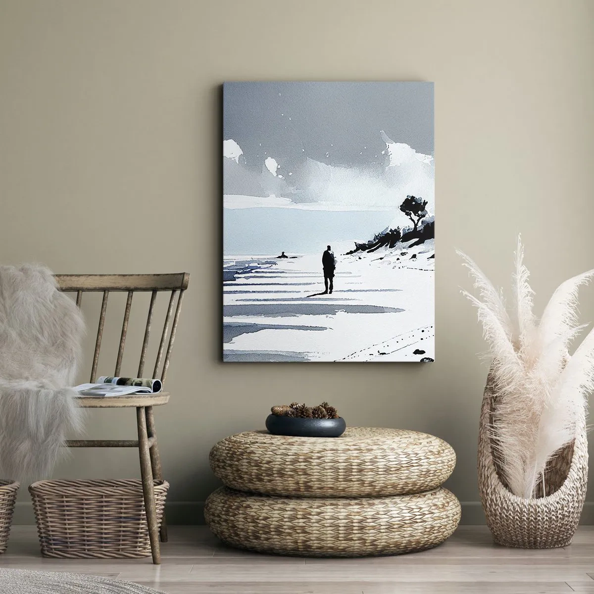 Cuadro sobre lienzo - Impresión de Imagen - Una figura solitaria caminando por una playa vacía - 50x70cm - Solo conmigo mismo - Decoración de pared moderna para salón y dormitorio ARTTOR