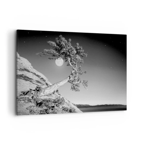Cuadro sobre lienzo - Impresión de Imagen - Árbol en blanco y negro en un acantilado con la luna al fondo - 120x80cm - Un guerrero victorioso - Decoración de pared moderna para salón y dormitorio ARTTOR
