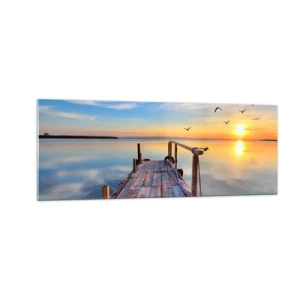 Cuadro sobre vidrio - Impresiones sobre Vidrio - Muelle de madera al atardecer en un lago tranquilo - 140x50cm - Caminando hacia el sol - Decoración de pared moderna para salón y dormitorio ARTTOR