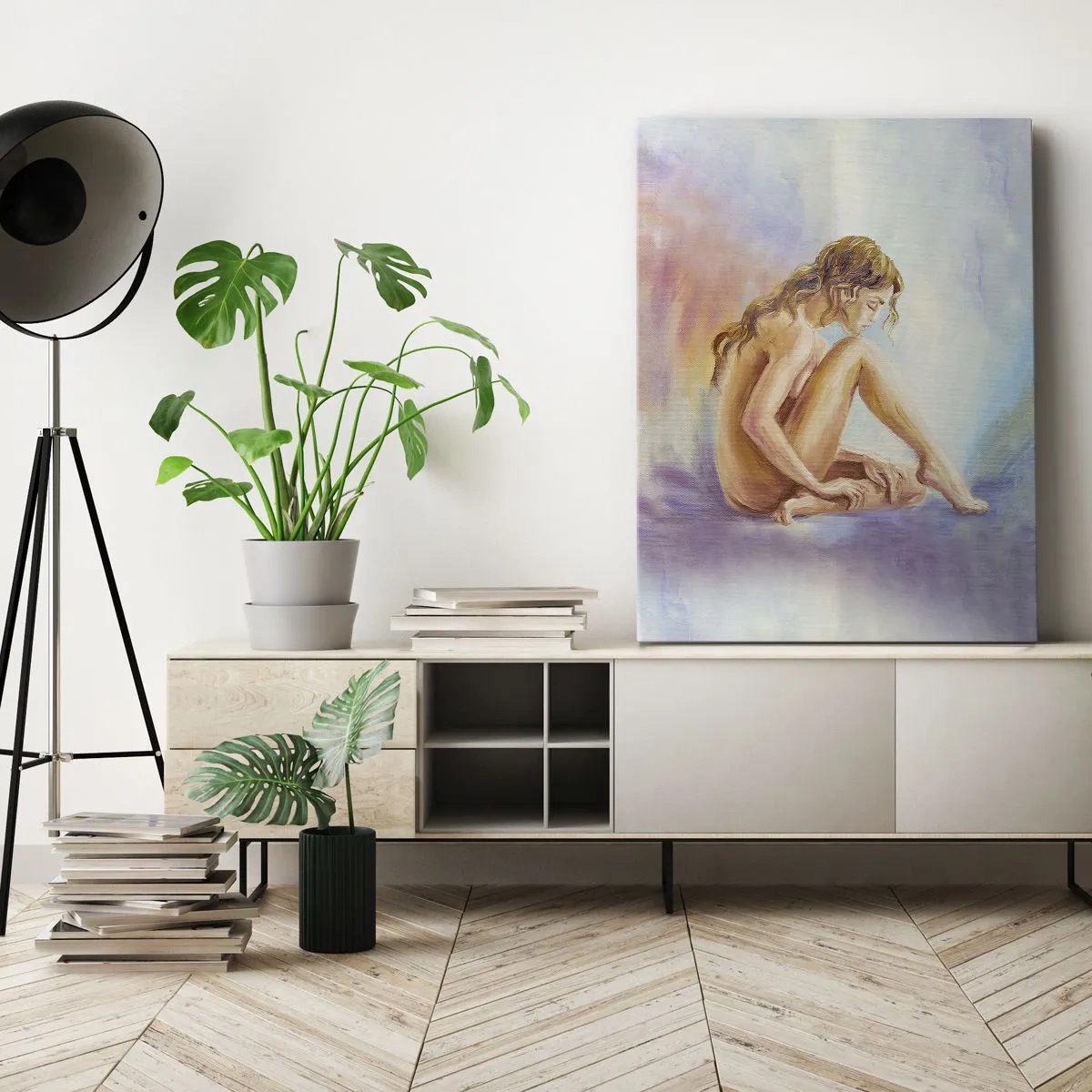 Cuadro sobre lienzo - Impresión de Imagen - Una delicada figura de una mujer sobre un fondo pastel. - 70x100cm - Acto de juventud - Decoración de pared moderna para salón y dormitorio ARTTOR