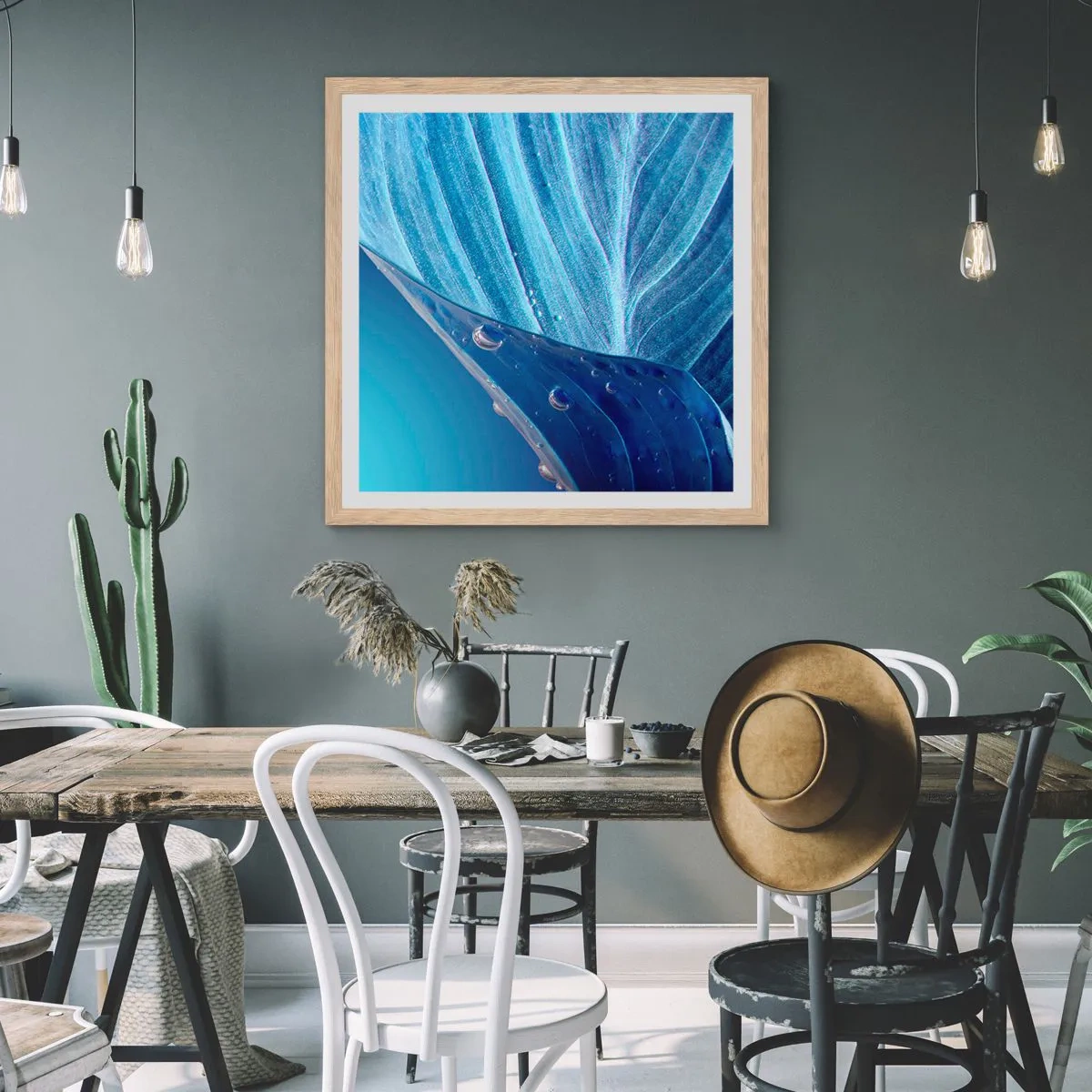 Póster en marco roble claro - Gotas ocultas de azul - 40x40 cm