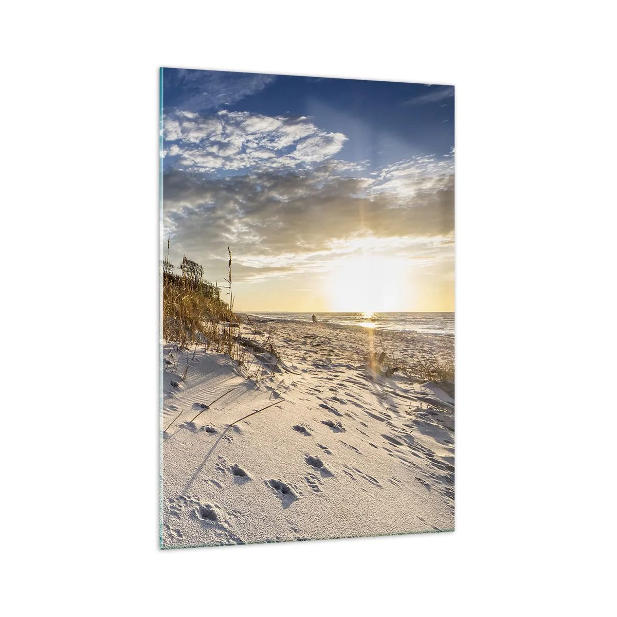 Cuadro sobre vidrio - Impresiones sobre Vidrio - Dunas con hierba y huellas en la arena al atardecer - 70x100cm - Invitación a un paseo - Decoración de pared moderna para salón y dormitorio ARTTOR