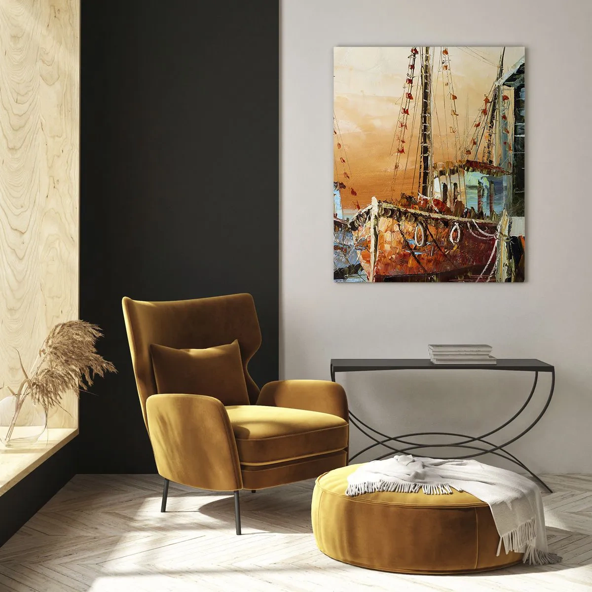 Cuadro sobre vidrio - Impresiones sobre Vidrio - Barcos en la orilla bajo la cálida luz del atardecer. - 80x120cm - Regreso pacífico - Decoración de pared moderna para salón y dormitorio ARTTOR