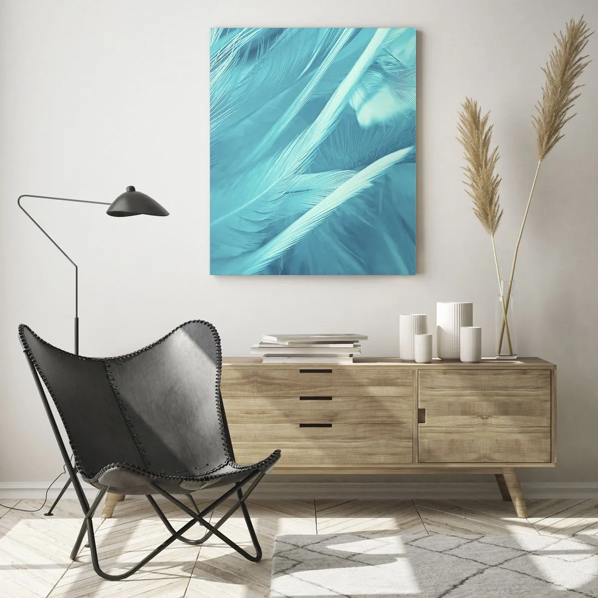 Cuadro sobre vidrio - Impresiones sobre Vidrio - Plumas turquesas en un delicado primer plano - 50x70cm - Un manto real  - Decoración de pared moderna para salón y dormitorio ARTTOR